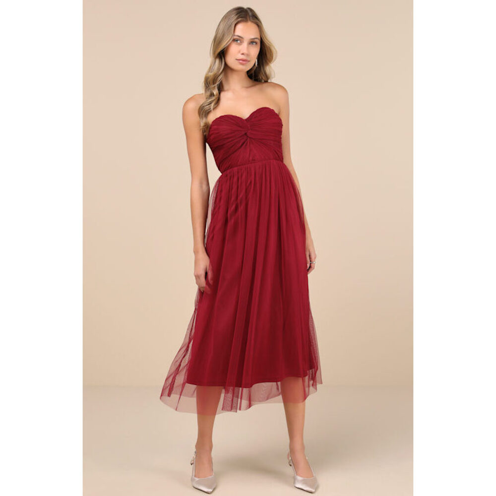Lulus Perfect Whimsy Burgundy Mesh Strapless Midi Dress Red - Size S